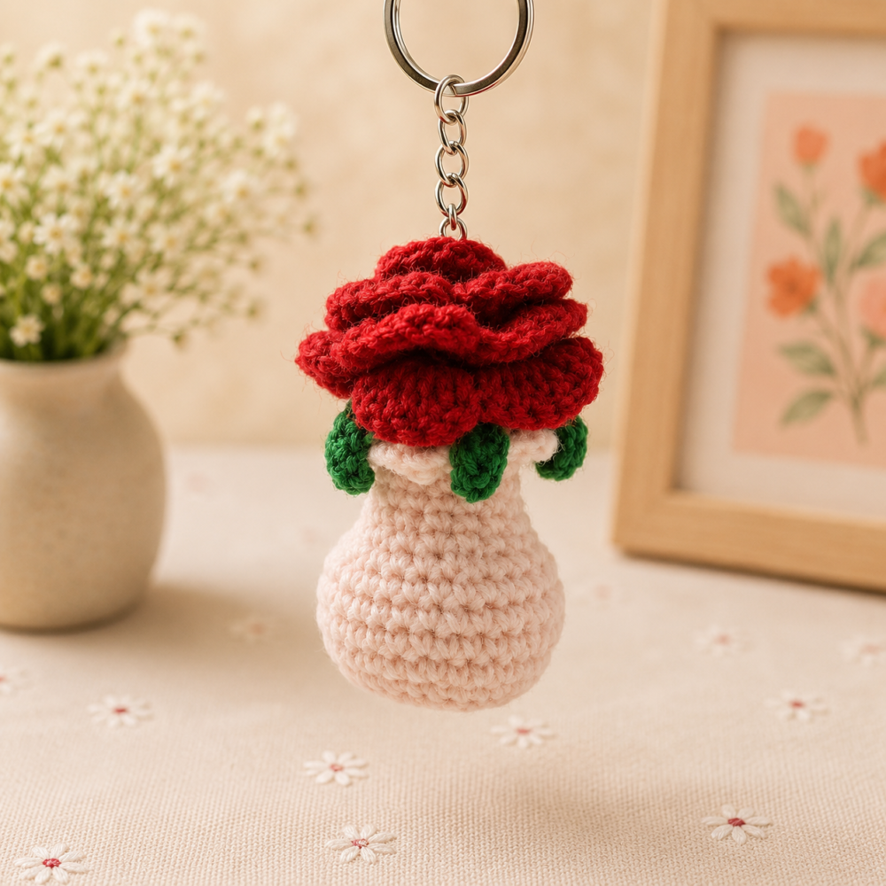 Rose Vase Crochet Keychain