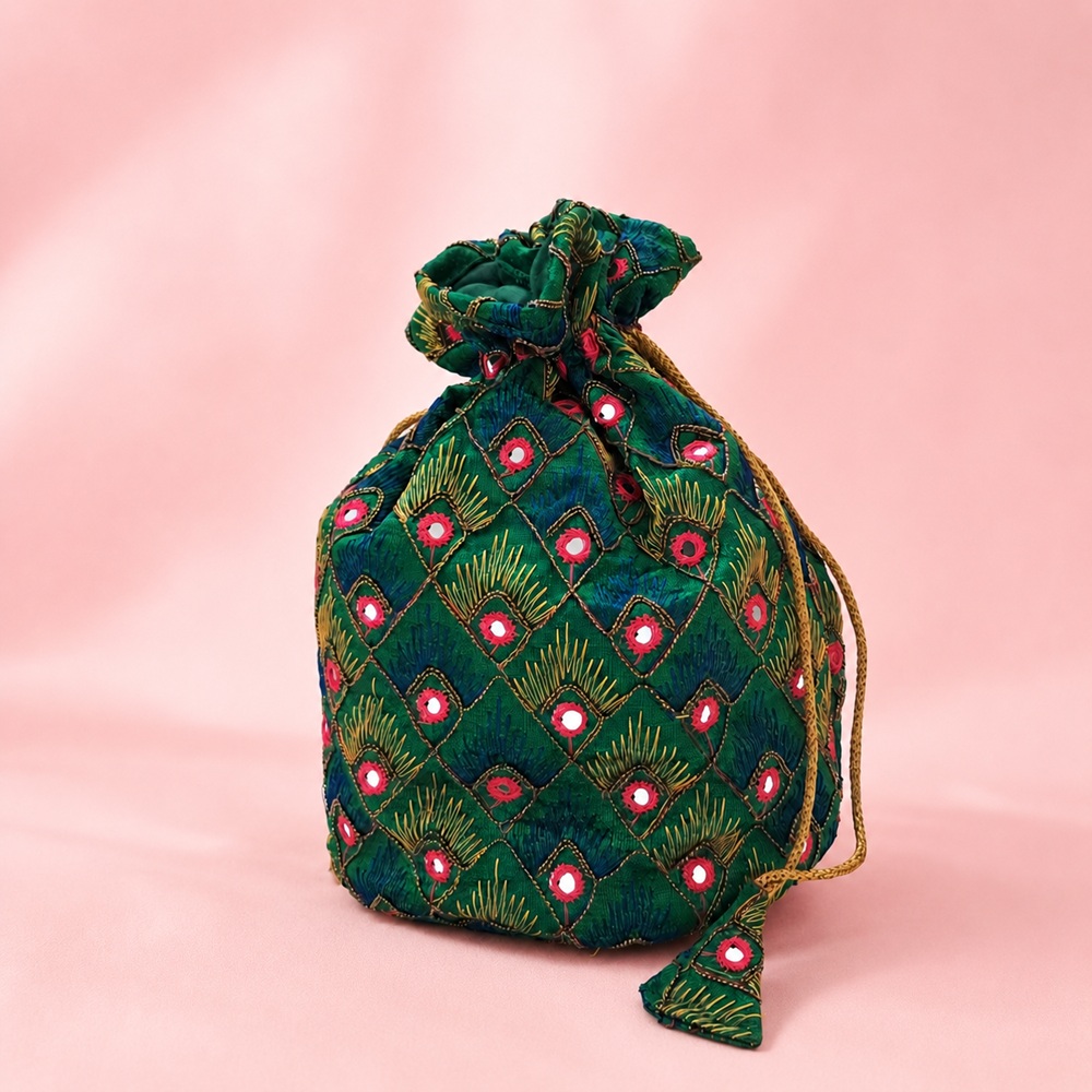 Emerald Green Embroidered Festive Batwa Potli Bag