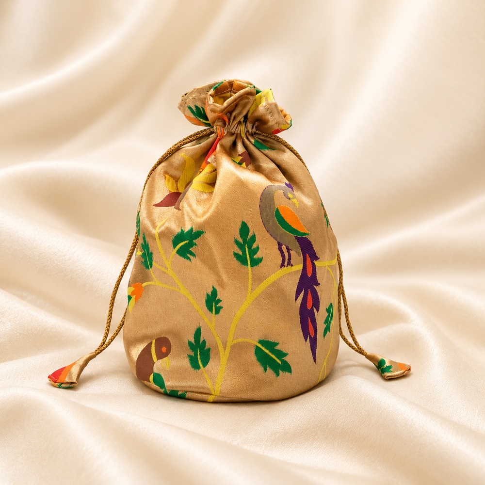 Antique Gold Peacock Motif Brocade-Style Batwa Potli Bag