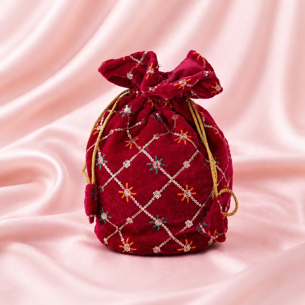 Rani Pink Velvet-Look Embroidered Sequin Batwa Potli Bag