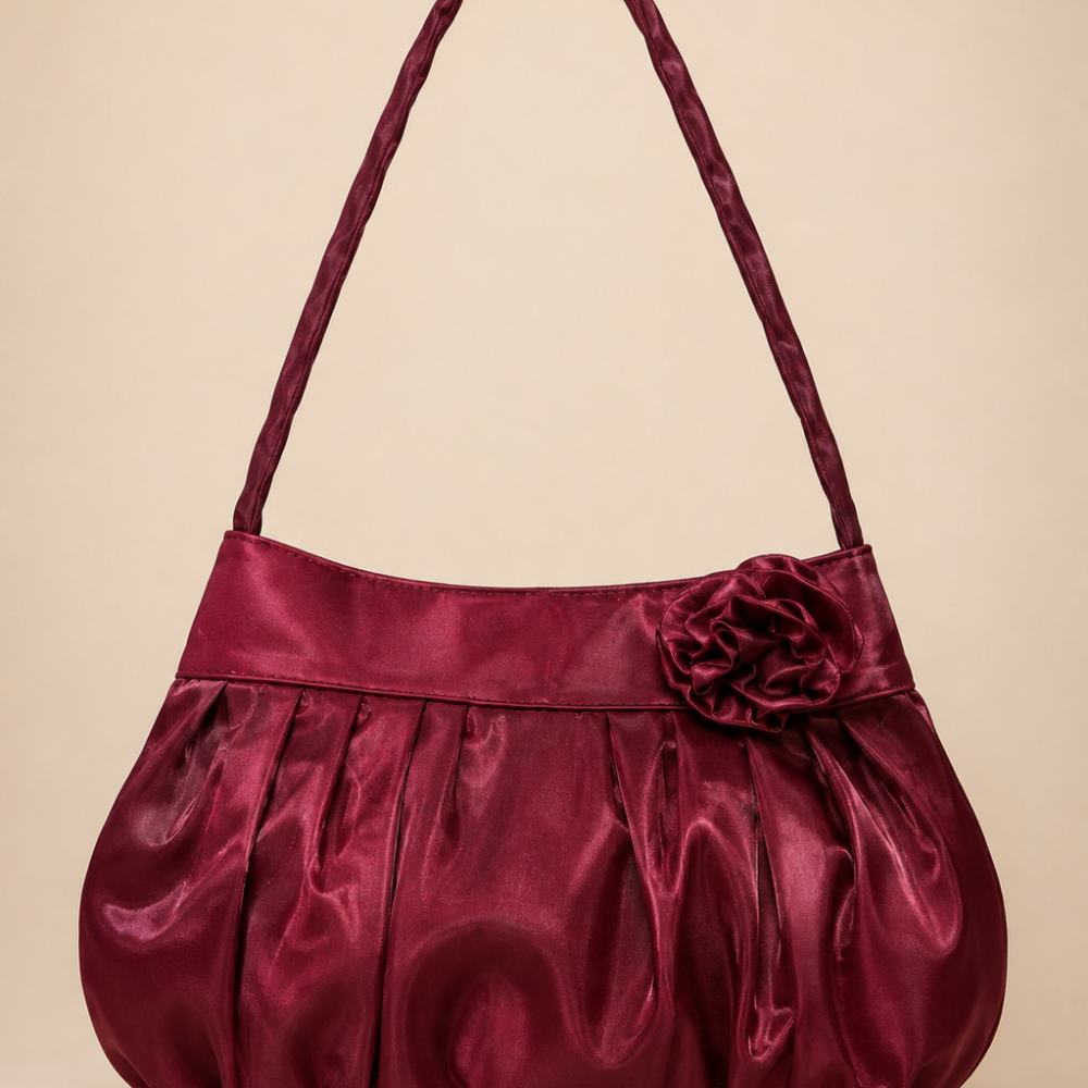 Wine Maroon Pleated Satin Handbag with Flower Detail