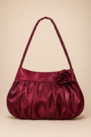 Wine Maroon Pleated Satin Handbag with Flower Detail