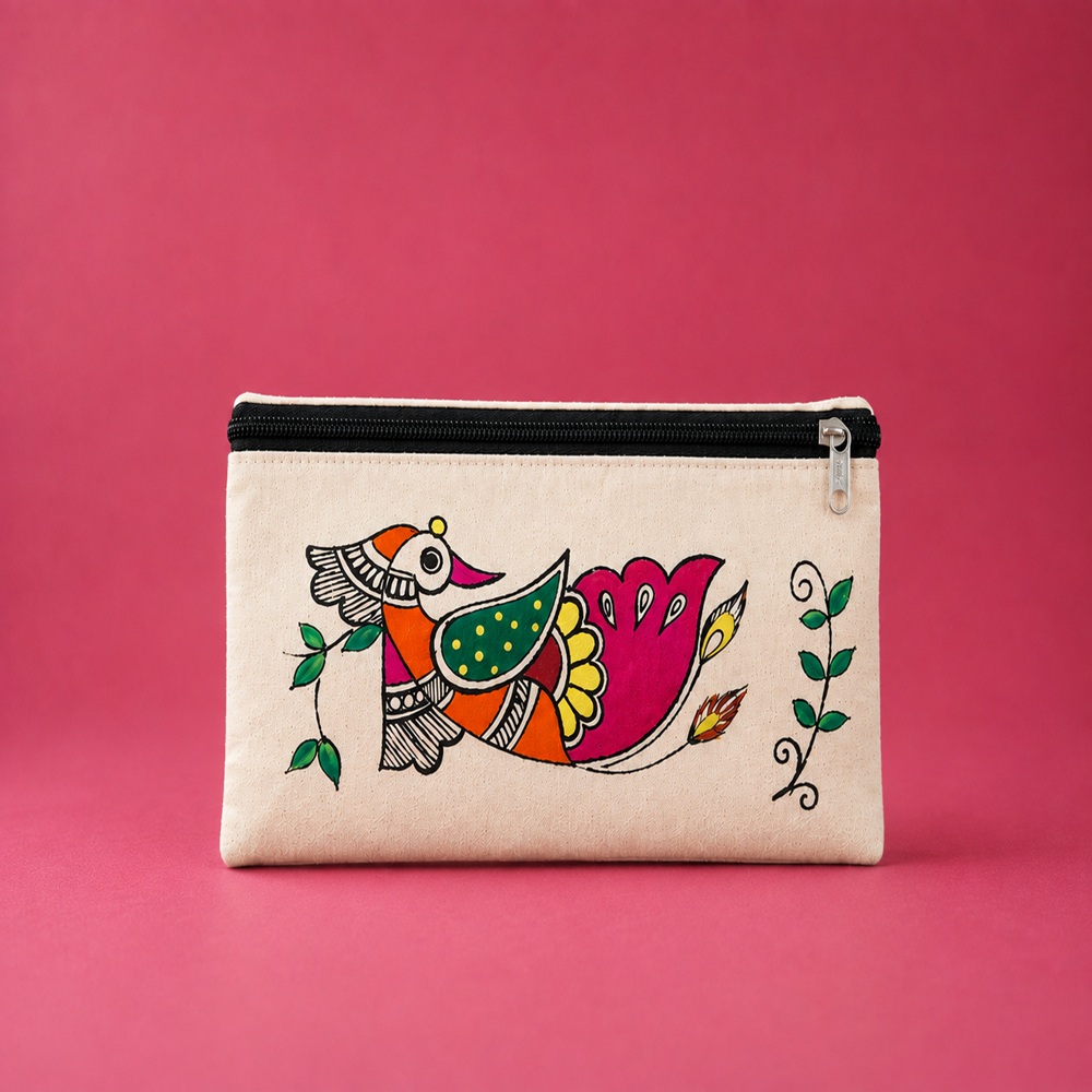 Hand-Painted Bird on Branch Cotton Hand-Purse
