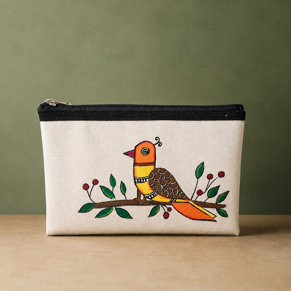 Hand-Painted Bird & Floral Folk Art Cotton Hand-Purse