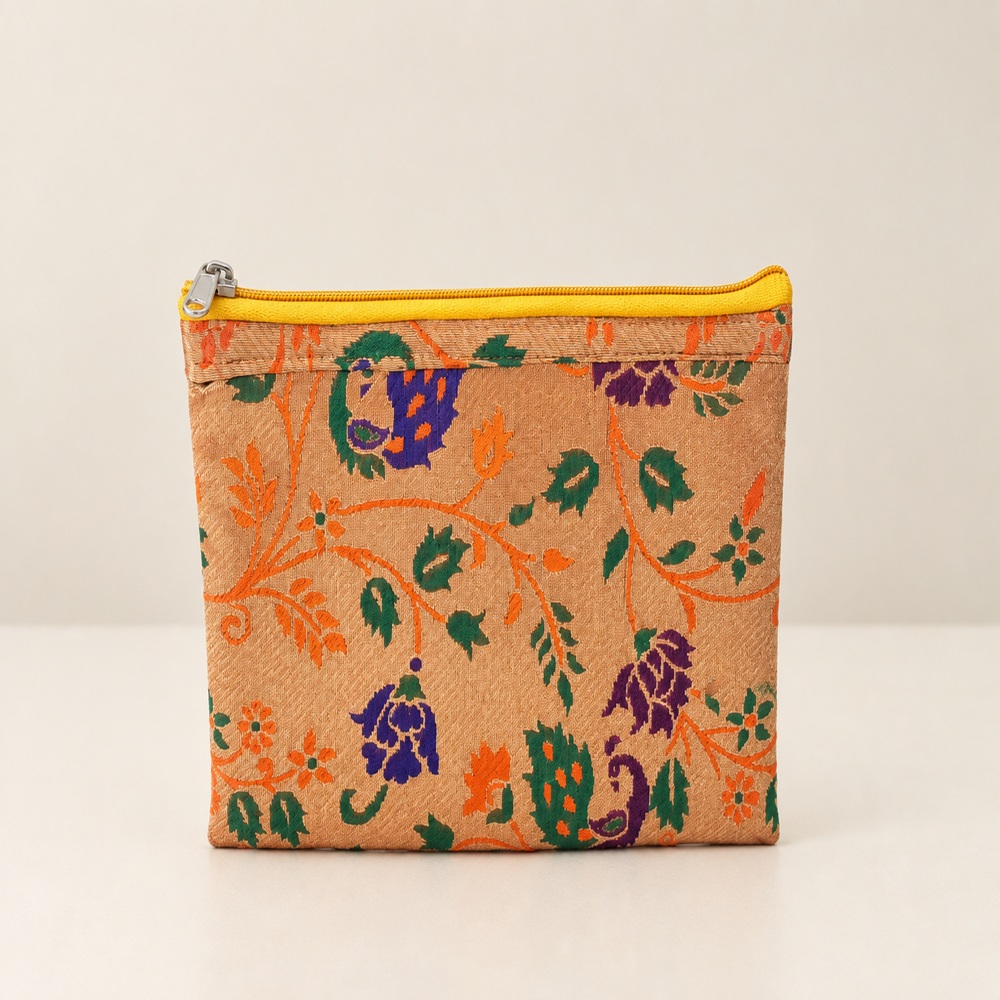 Handwoven Floral Brocade Hand Purse – golden & Multicolour