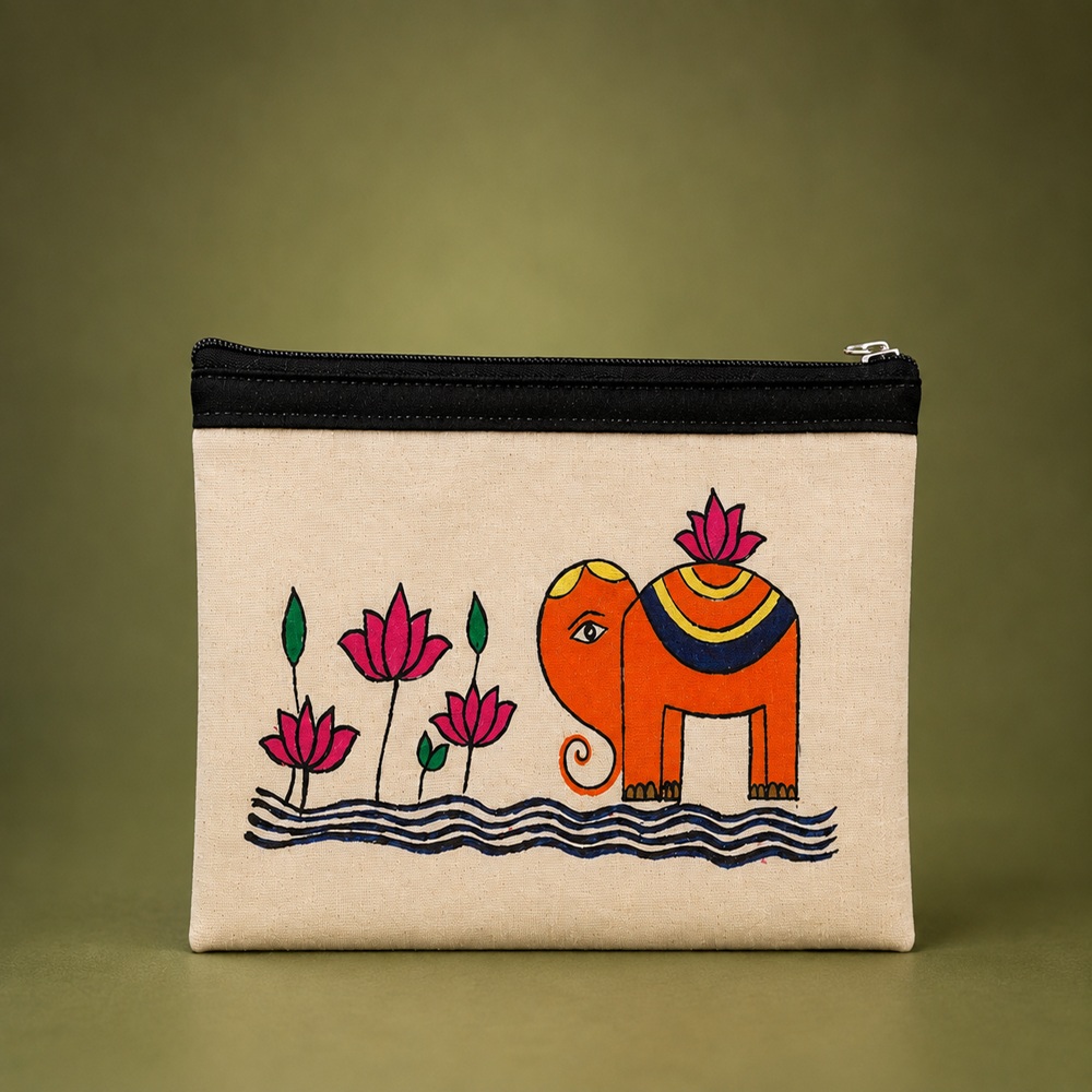 Hand-Painted Elephant & Lotus Folk Art Hand-Purse