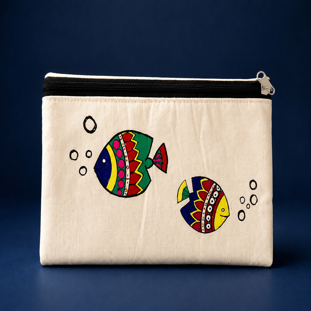 Hand-Painted Folk Fish Cotton Hand-Purse