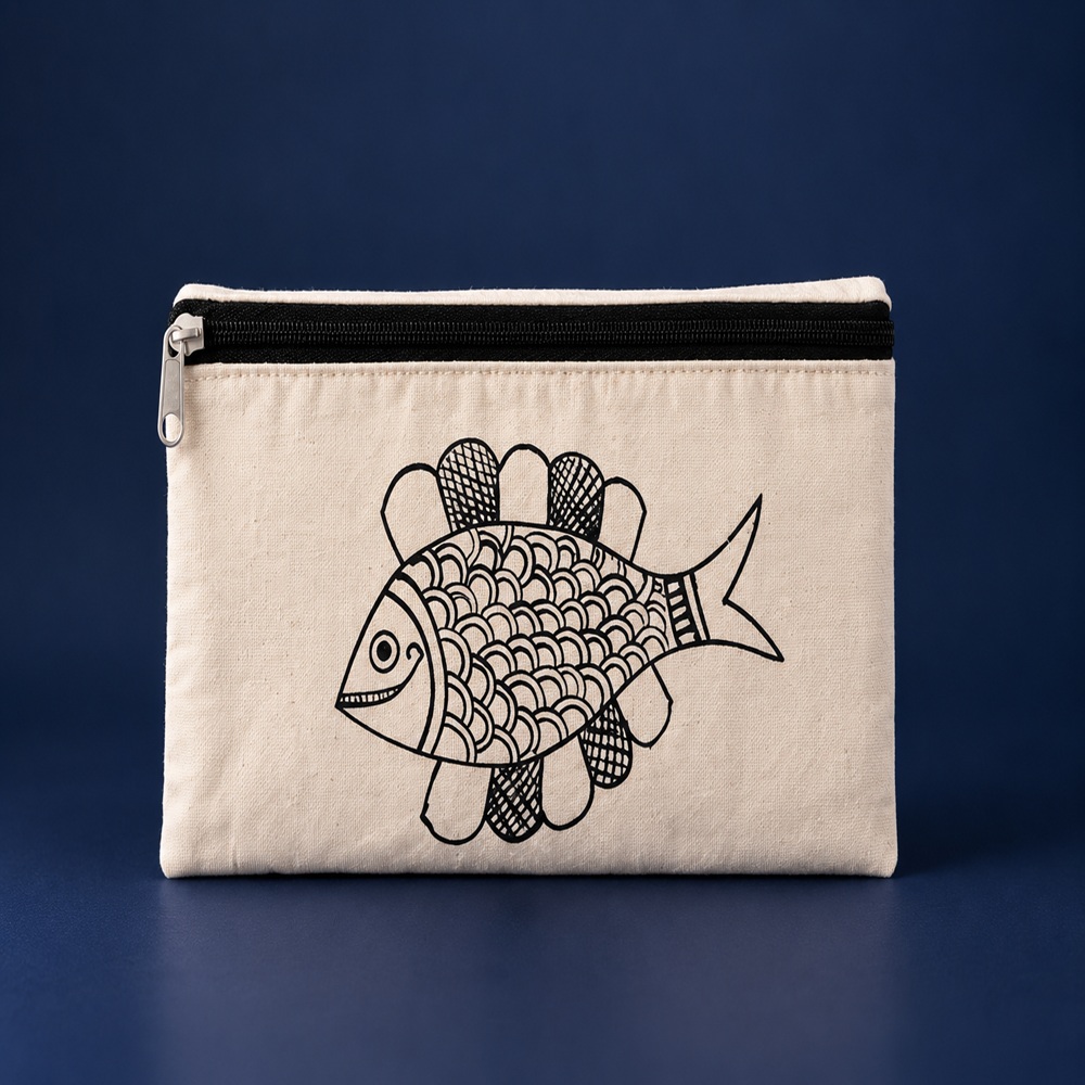 Monochrome Folk Fish Hand-Painted Cotton Hand-Purse
