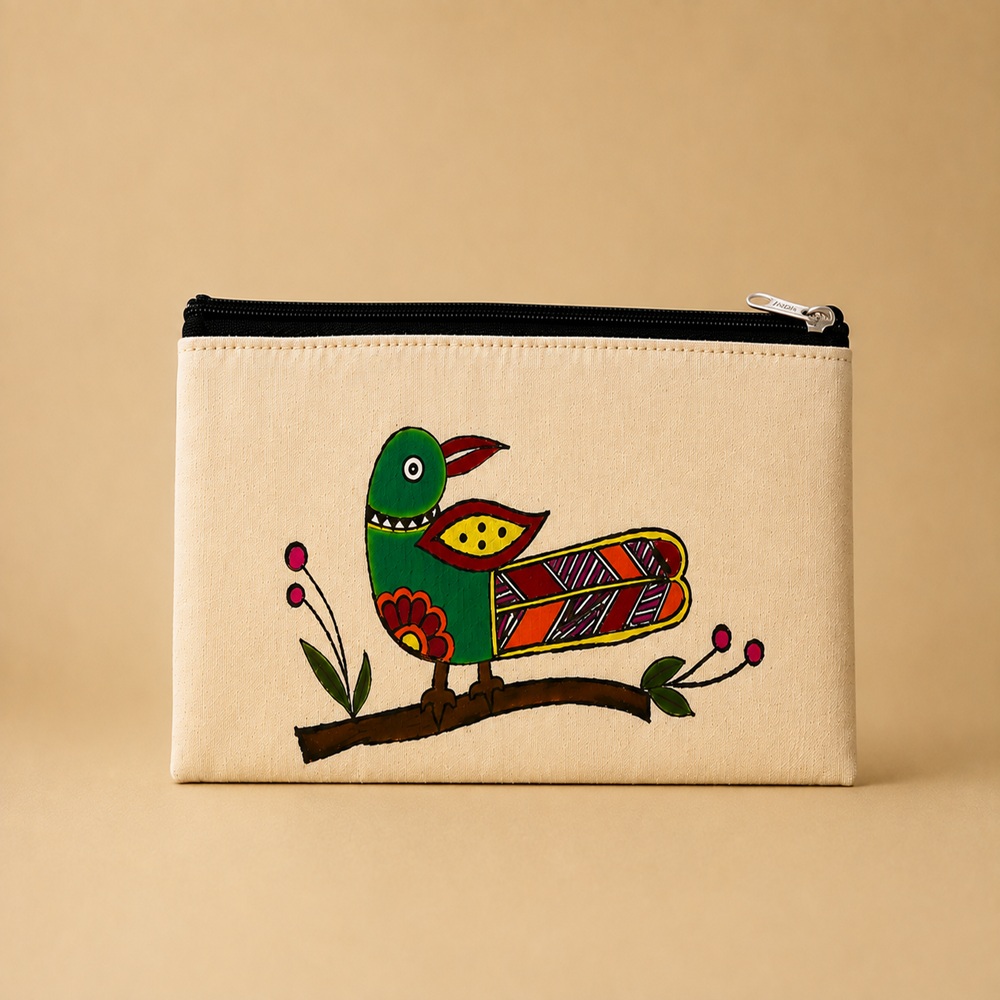 Hand-Painted Parrot Bird Folk Art Cotton Hand-Purse