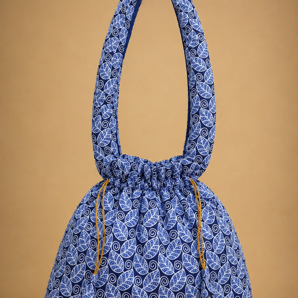 Blue Leaf Print Fabric Jhola Bag