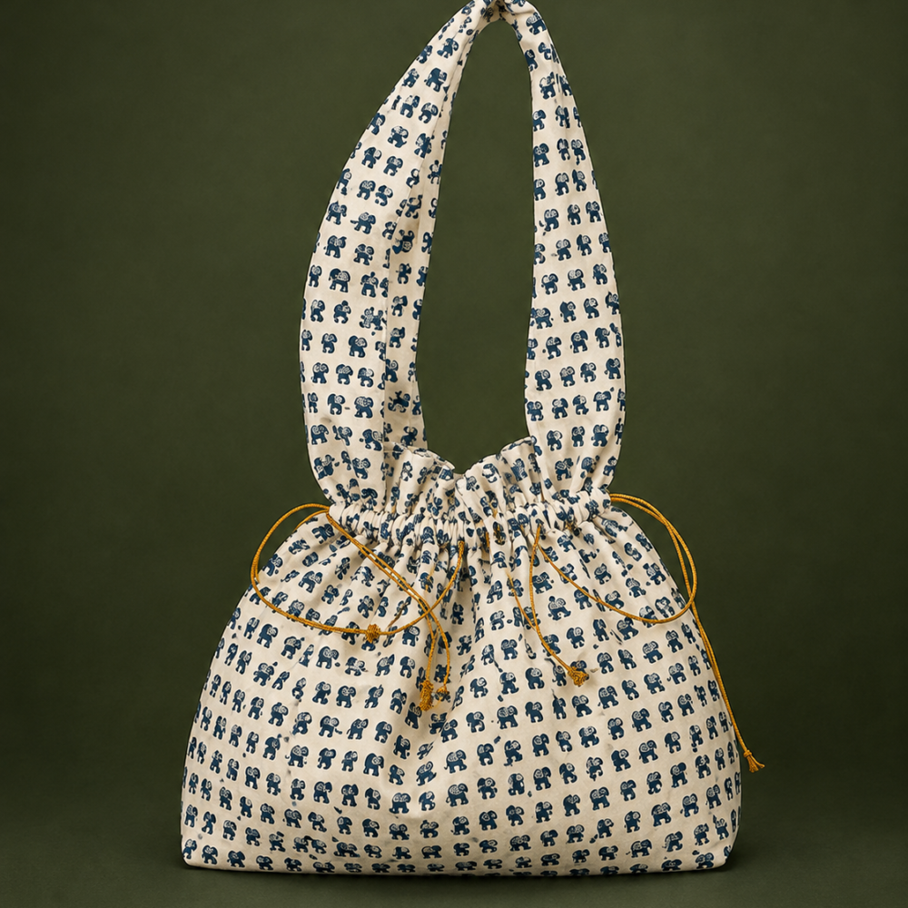 Ivory Blue Mini Motif Jhola Bag