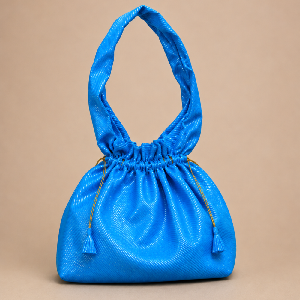 Sky Blue Pleated Fabric Jhola Bag