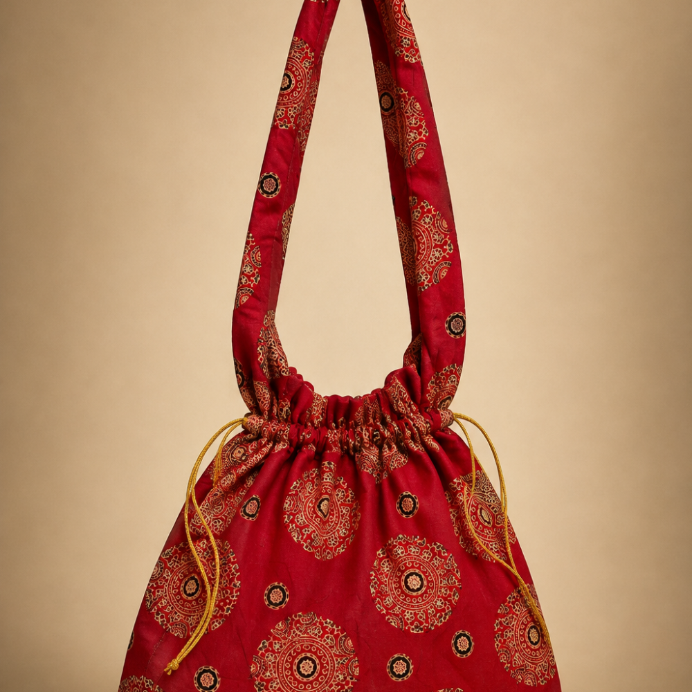 Red Gold Mandala Print Jhola Bag
