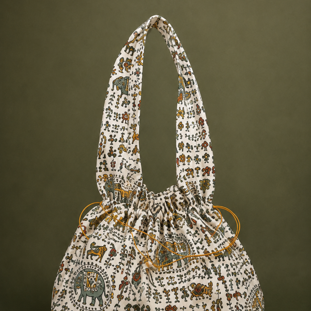 Monochrome Folk Art Print Jhola Bag