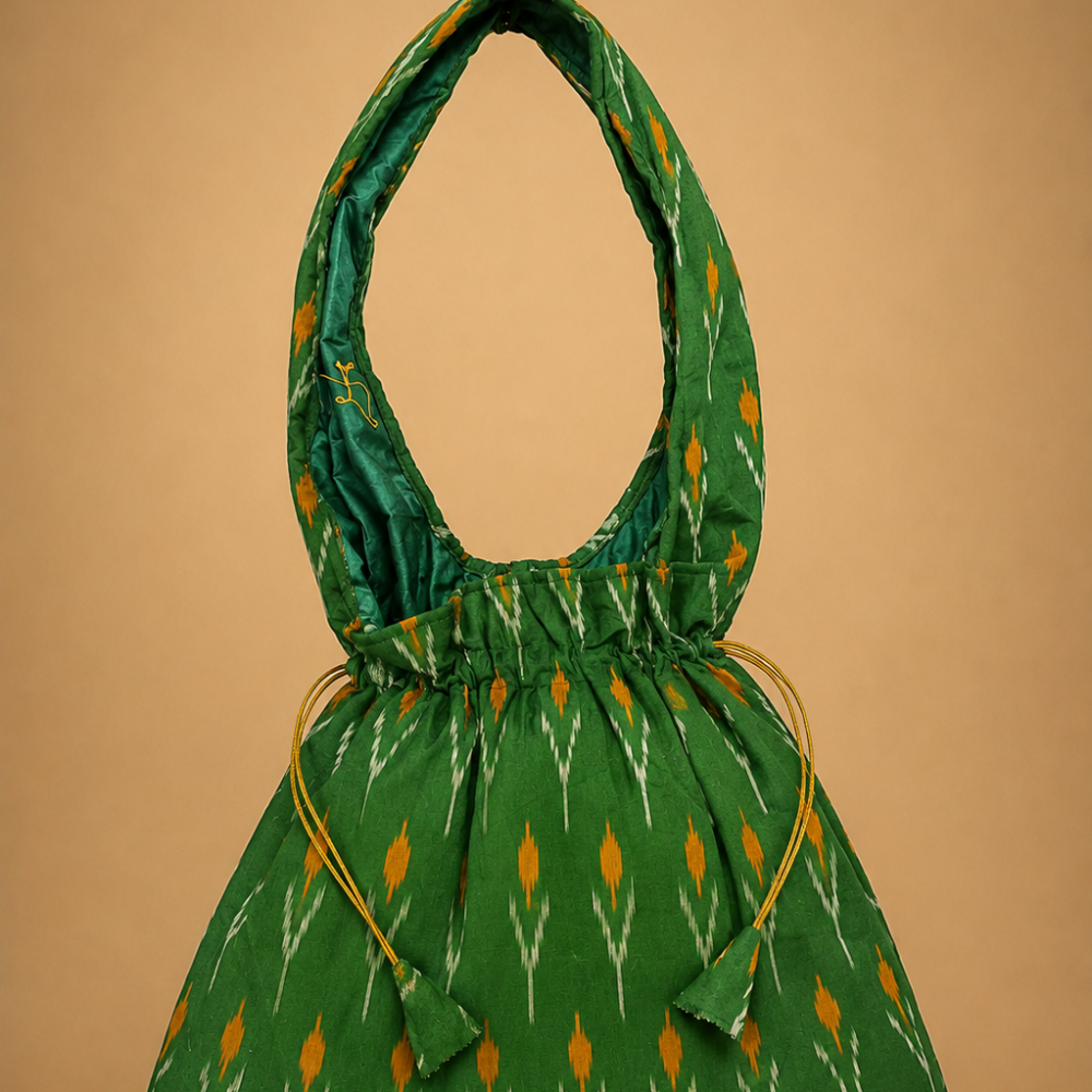 Forest Green Ikat-Inspired Jhola Bag