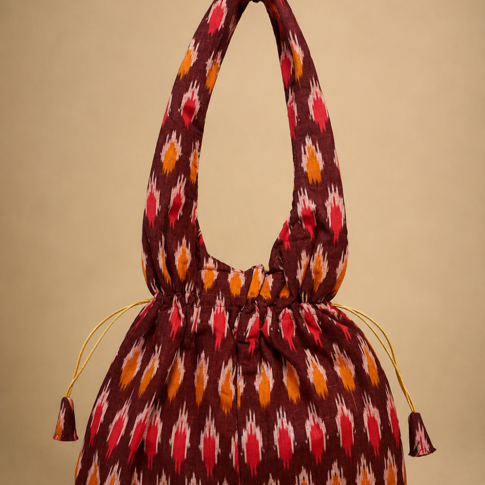 Maroon Multicolour Ikat-Inspired Jhola Bag