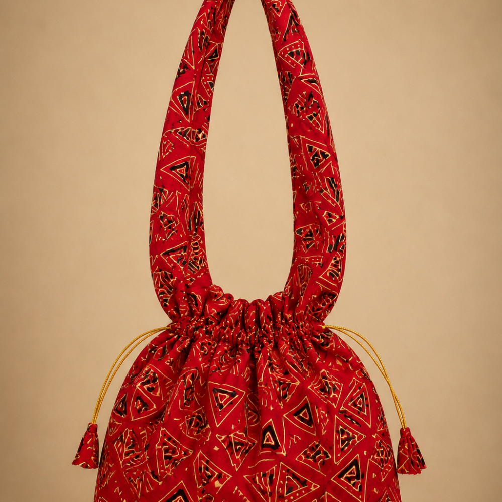 Red Geometric Folk Print Jhola Bag