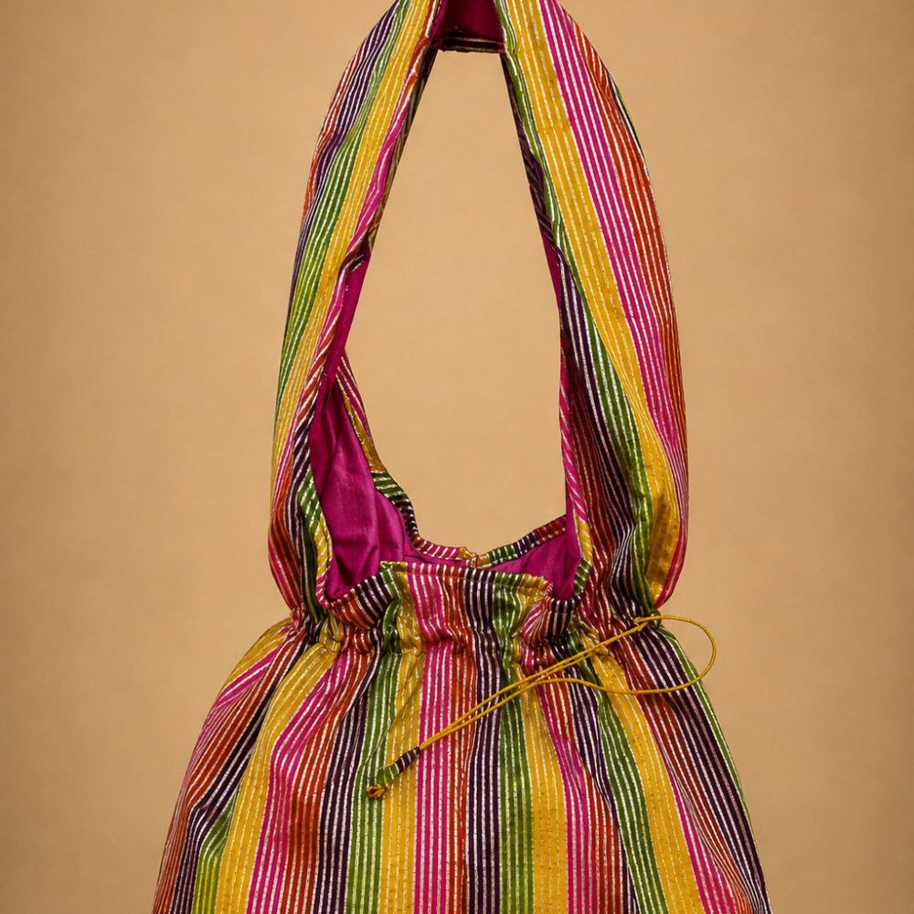 Multicolour Striped Handcrafted-Style Jhola Bag