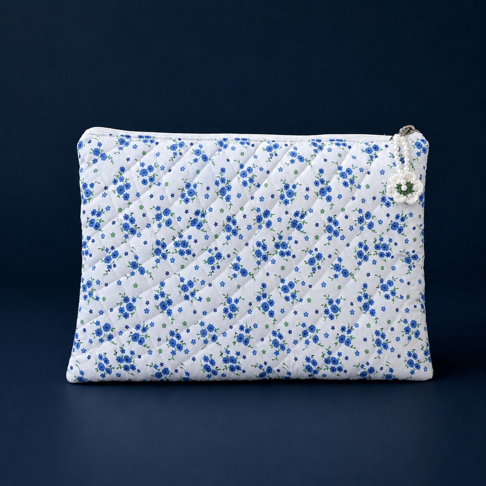 Blue Meadow Floral Quilted Laptop Sleeve with Beaded Charm