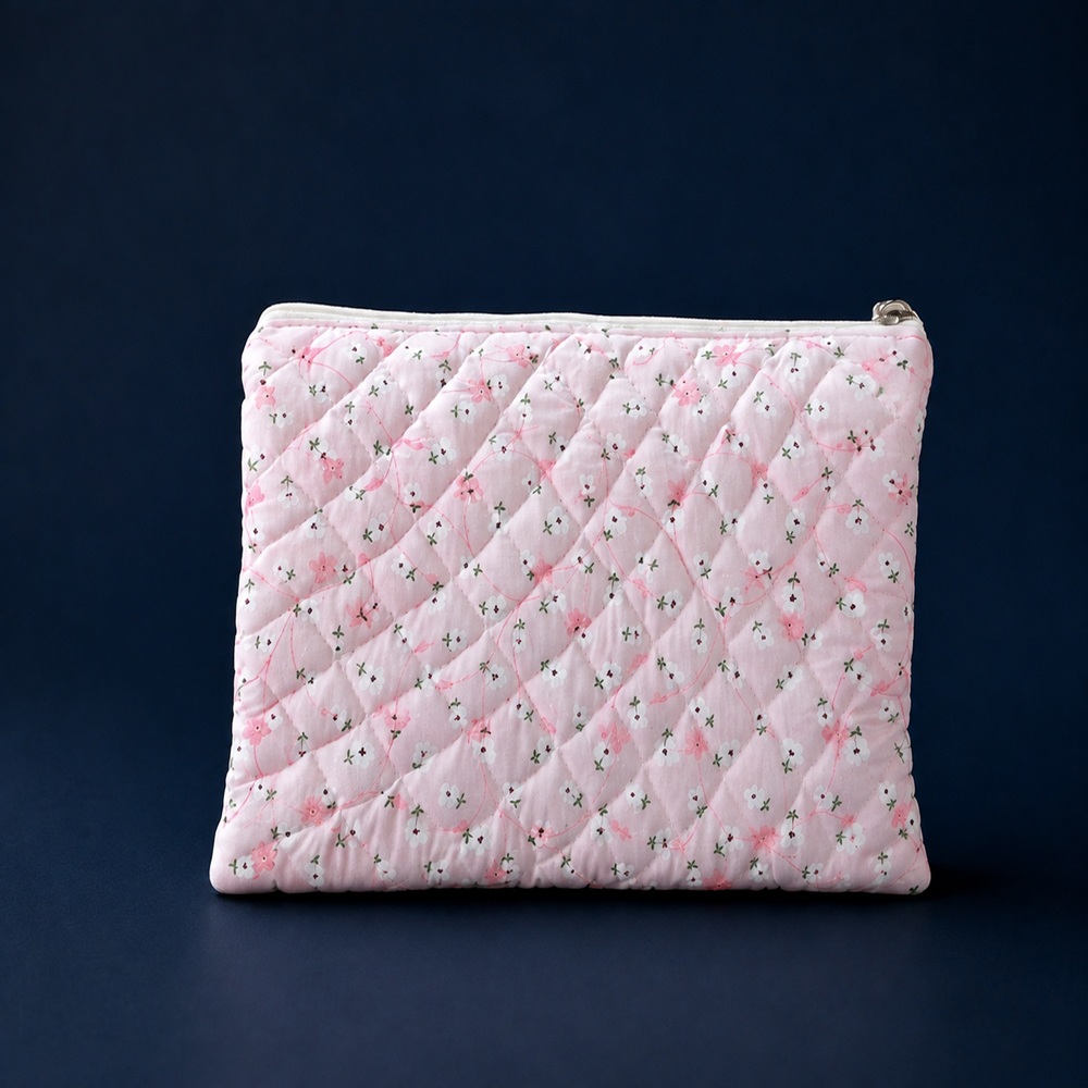 Blush Pink Floral Quilted Laptop Sleeve with Beaded Charm