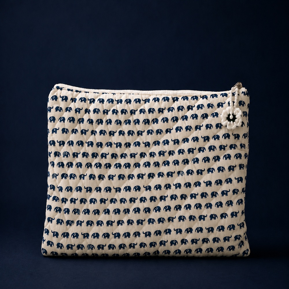 Navy Elephant Quilted Laptop Sleeve with Floral Charm
