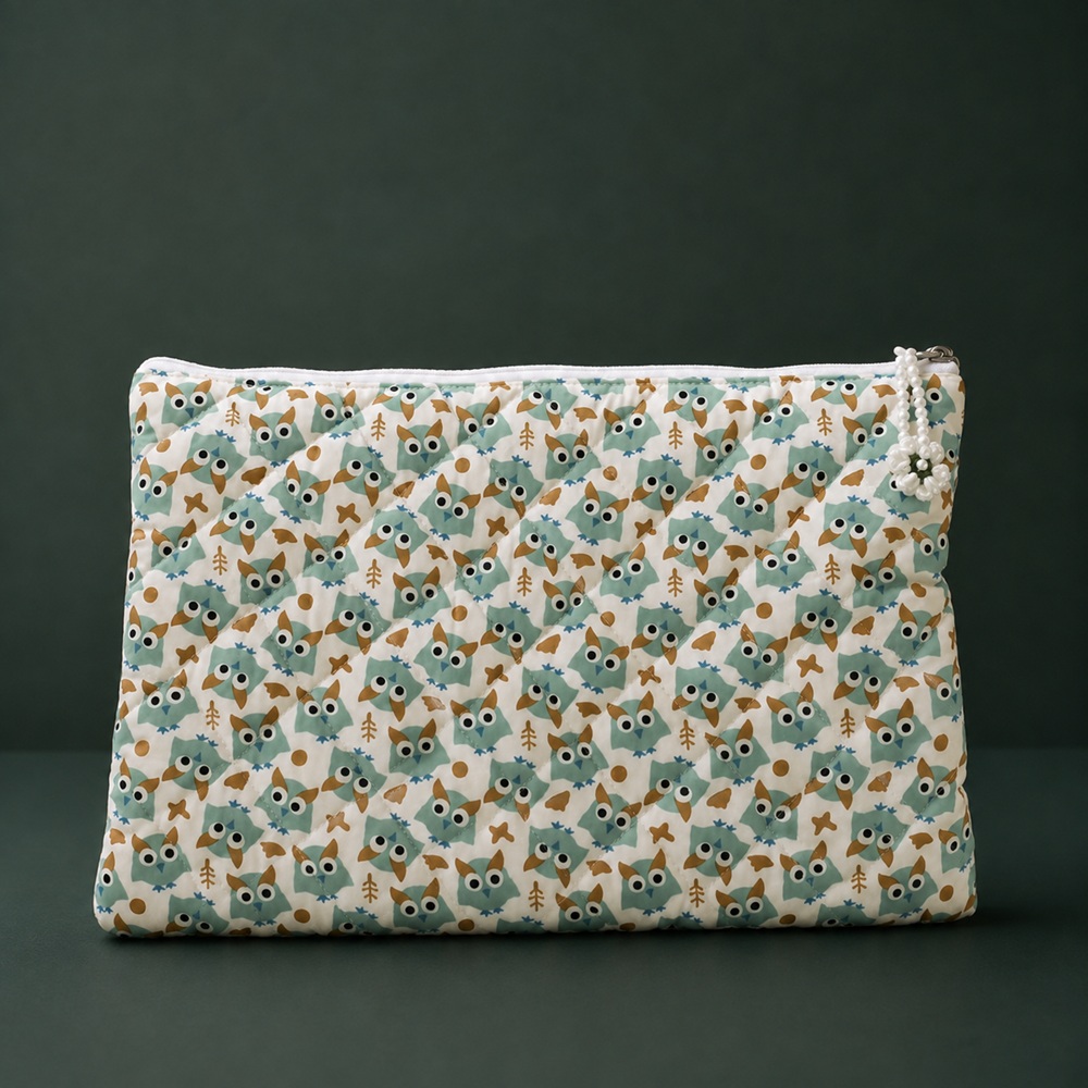 Mint Owl Print Quilted Laptop Sleeve with Floral Charm