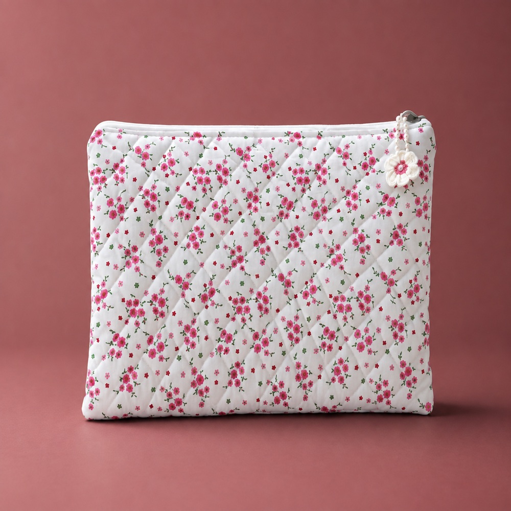 Pink Blossom White Quilted Laptop Sleeve with Floral Charm