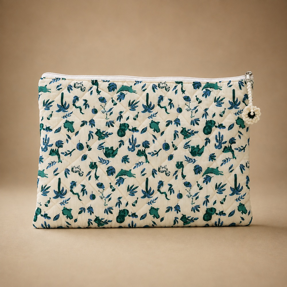 Teal & Blue Quilted Printed Laptop Sleeve with Floral Charm