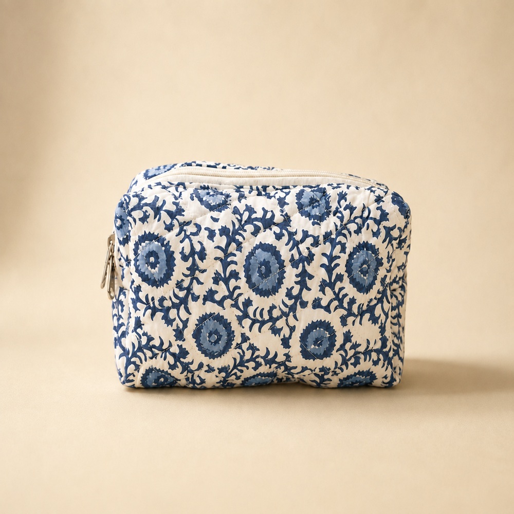 Blue Bloom Quilted Floral Make-up Pouch