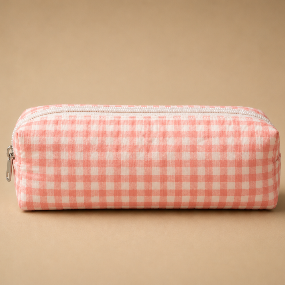 Peach Gingham Double-Zip Pencil Pouch