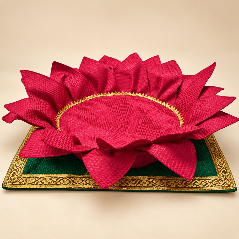 Pink Lotus Raised Pooja Asan with Golden Trim