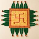 Green & Gold Swastik Pooja Asan with Leaf Motif