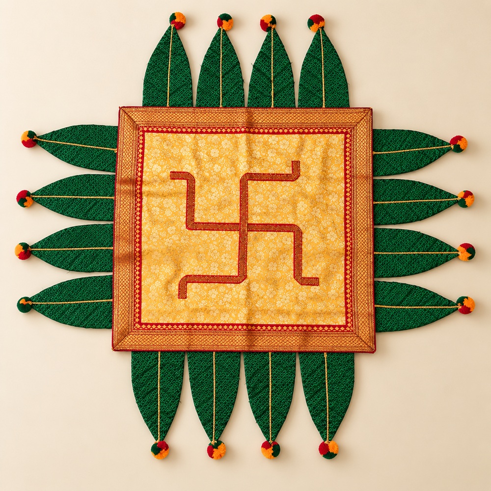 Green & Gold Swastik Pooja Asan with Leaf Motif
