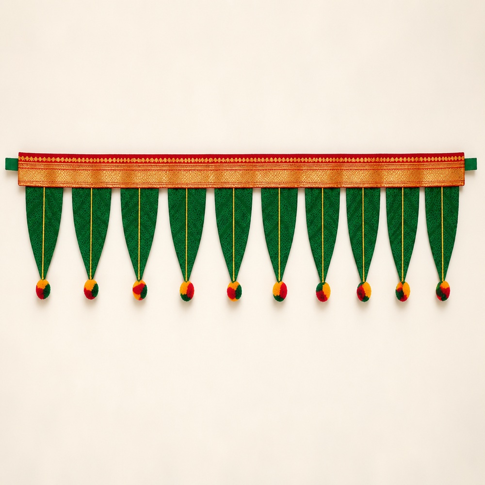 Traditional Green Leaf & Gold Border Festive Toran